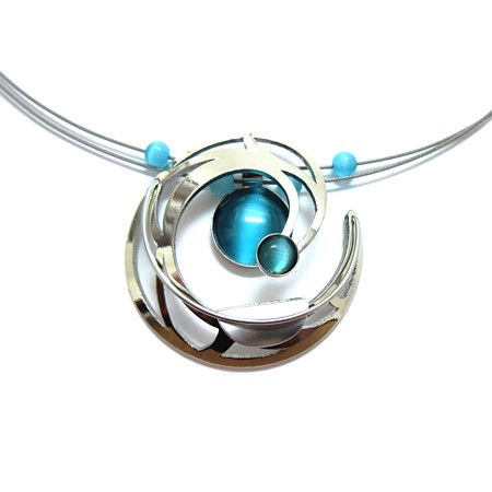 Blue Catsite and Silver Circle Multiwire Necklace - Click Image to Close